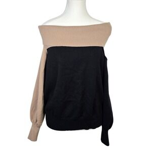 LE LIS COLLECTION Off Shoulder Sweater Black Tan Color Block Ribbed Knit Size M